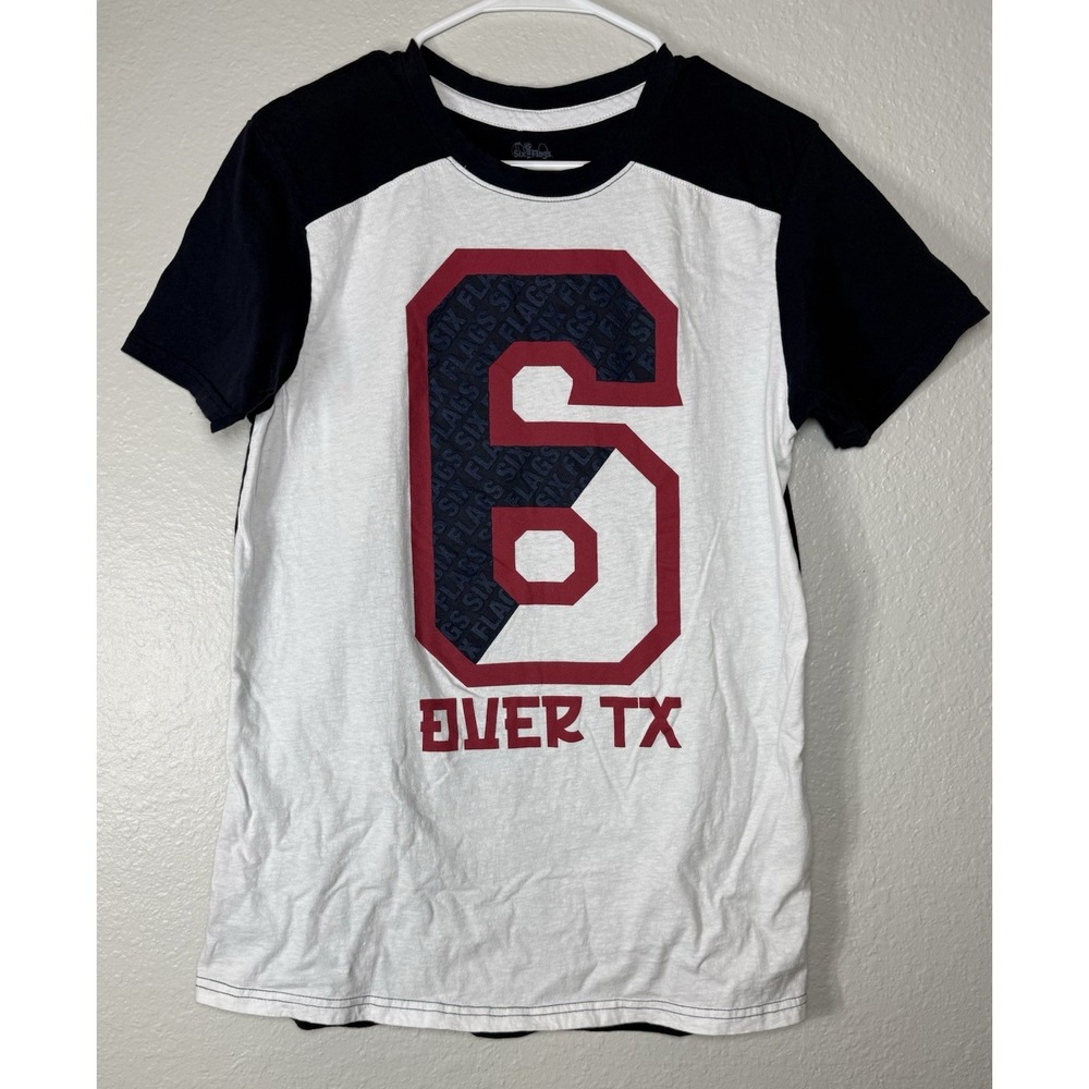 Six Flags Boys Graphic Logo T-Shirt Size M White Navy Red Crew Neck Short Sleeve